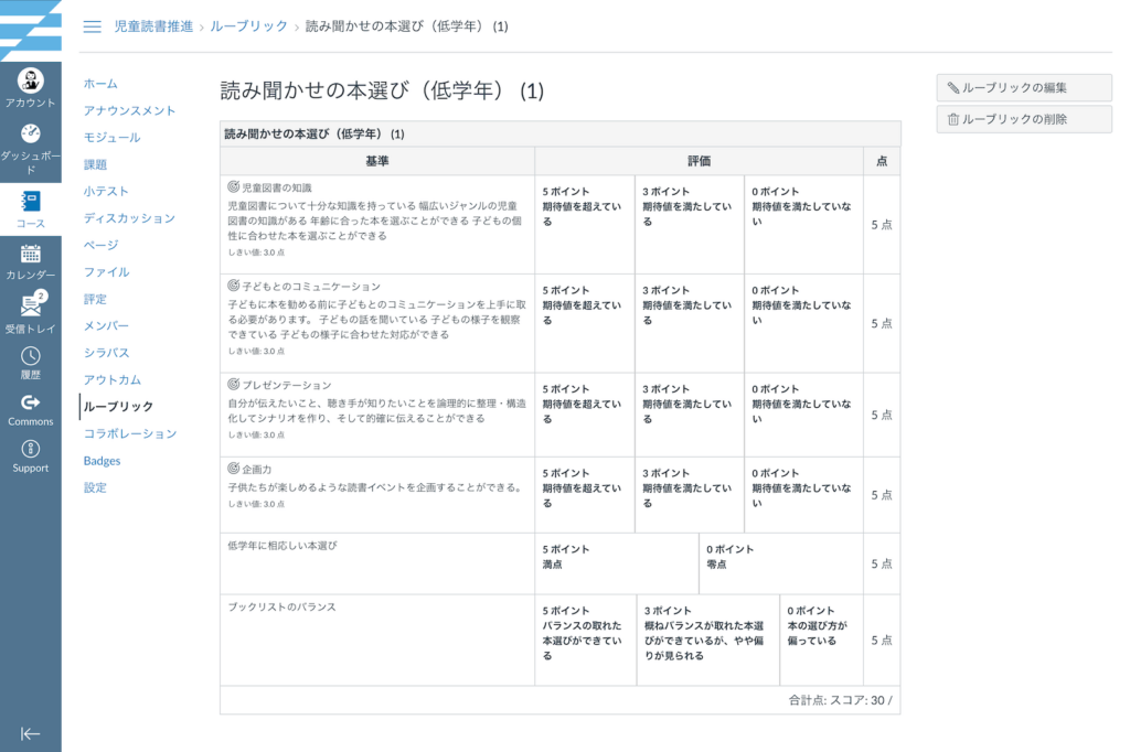 ルーブリックを使用して課題の評価基準を受講生に明示できます